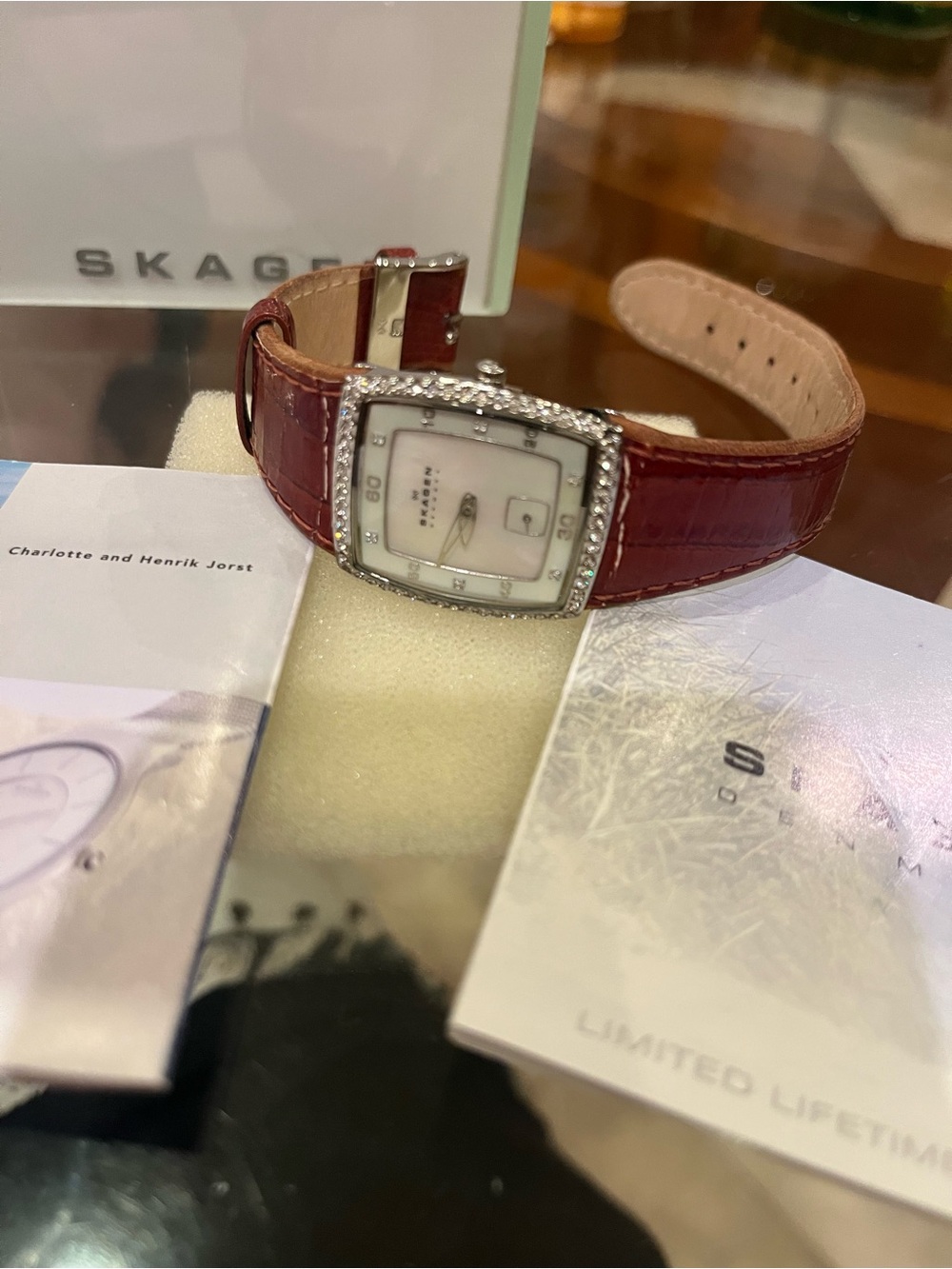 Skagen Women's Red Leather Strap Crystal-Accented Watch